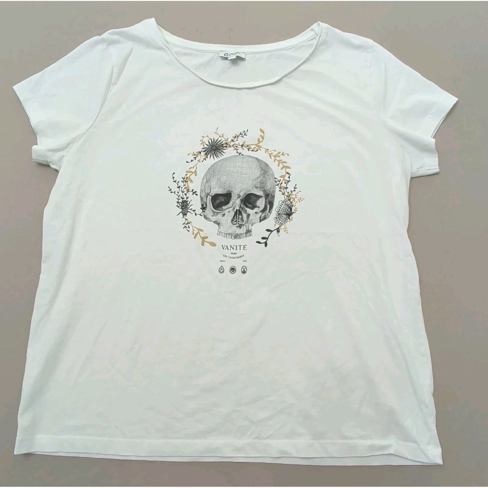 The Catacombs of Paris France Women's White T-shirt Skull Flowers Sz L Cap Slv